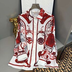 Hermes Red & White Equestrian Print Silk Shirt